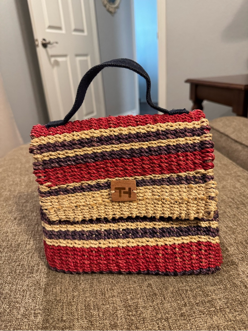 Tommy Hilfiger Red, Natural & Navy Woven Mini Top-Handle Bag